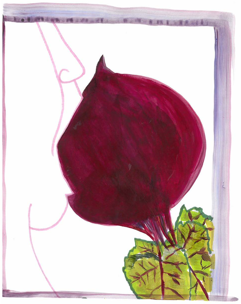 En illustration af et ansigt, som spiser en rødbede.
