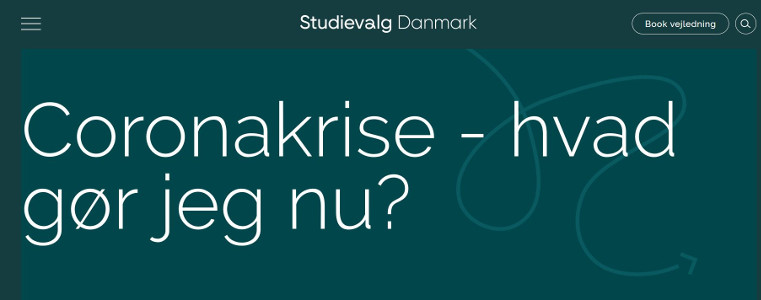 Screenshot af overskriften 'Coronakrise - hvad gør jeg nu?' fra Studievalg Danmarks hjemmeside